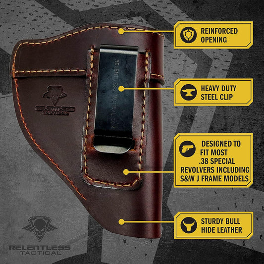 The Defender Leather IWB Holster - Fits Most J Frame Revolvers Incl. Ruger LCR, S&W 442/642, Taurus, Charter & Most .38 Special Revolvers - Made in USA