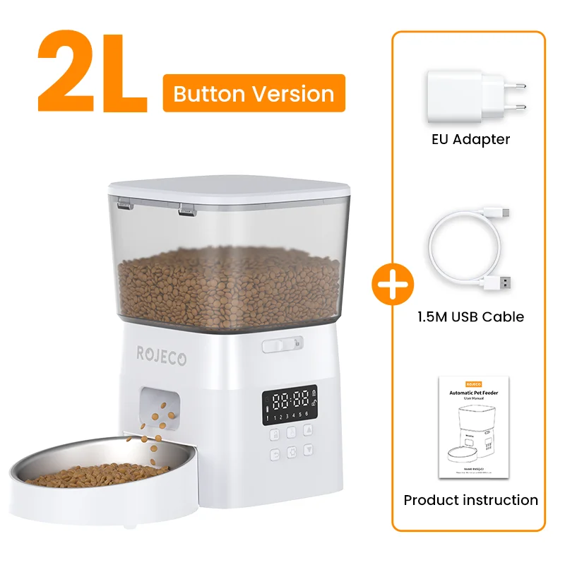 ROJECO Automatic Pet Feeder Button Version Auto Cat Food Dispenser Accessories Smart Control Pet Feeder for Cats Dog Dry Food